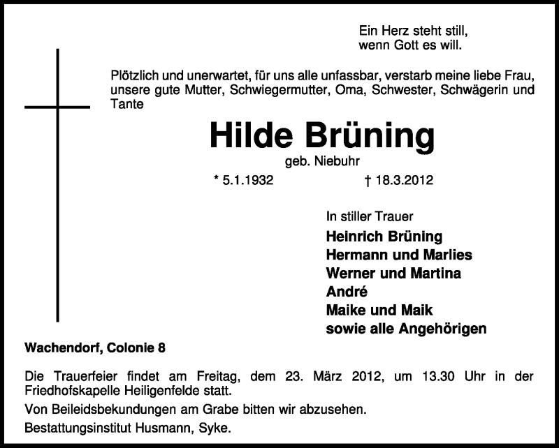  Traueranzeige für Hilde Brüning vom 20.03.2012 aus KREISZEITUNG SYKE