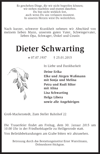 Traueranzeige von Dieter Schwarting von KRZ