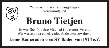 Traueranzeige von Bruno Tietjen von KREISZEITUNG SYKE
