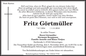 Traueranzeige von Fritz Görtmüller von KREISZEITUNG SYKE