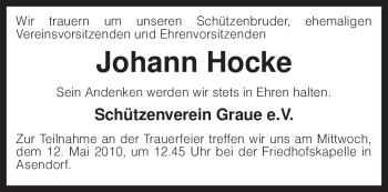 Traueranzeige von Johann Hocke von KREISZEITUNG SYKE