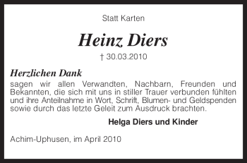 Traueranzeige von Heinz Diers von KREISZEITUNG SYKE