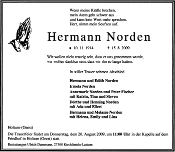 Traueranzeige von Hermann Norden von KREISZEITUNG SYKE