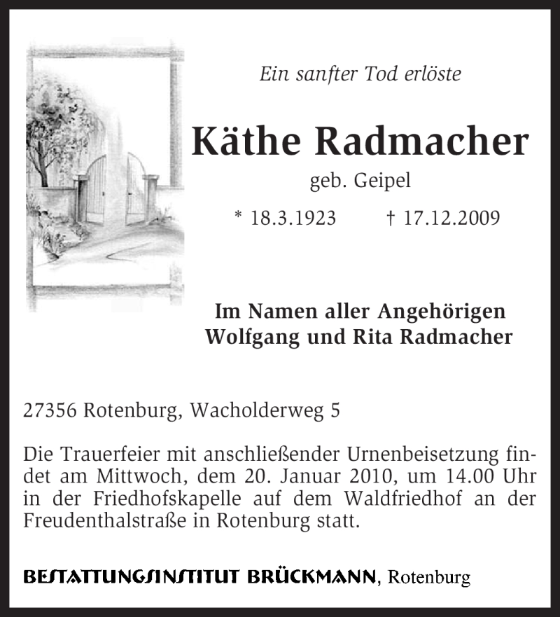  Traueranzeige für Käthe Radmacher vom 16.01.2010 aus KREISZEITUNG SYKE