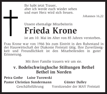 Traueranzeige von Frieda Krone von KREISZEITUNG SYKE