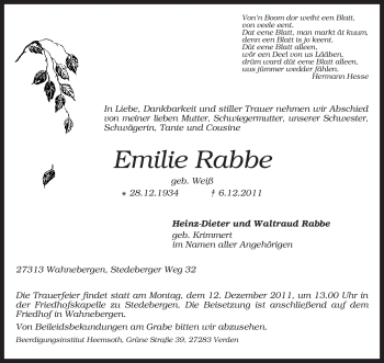 Traueranzeige von Emilie Rabbe von KREISZEITUNG SYKE