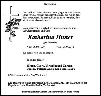 Traueranzeige von Katharina Hutter von KREISZEITUNG SYKE