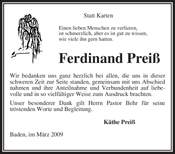 Traueranzeige von Ferdinand Preiß von KREISZEITUNG SYKE