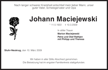 Traueranzeige von Johann Maciejewski von KREISZEITUNG SYKE