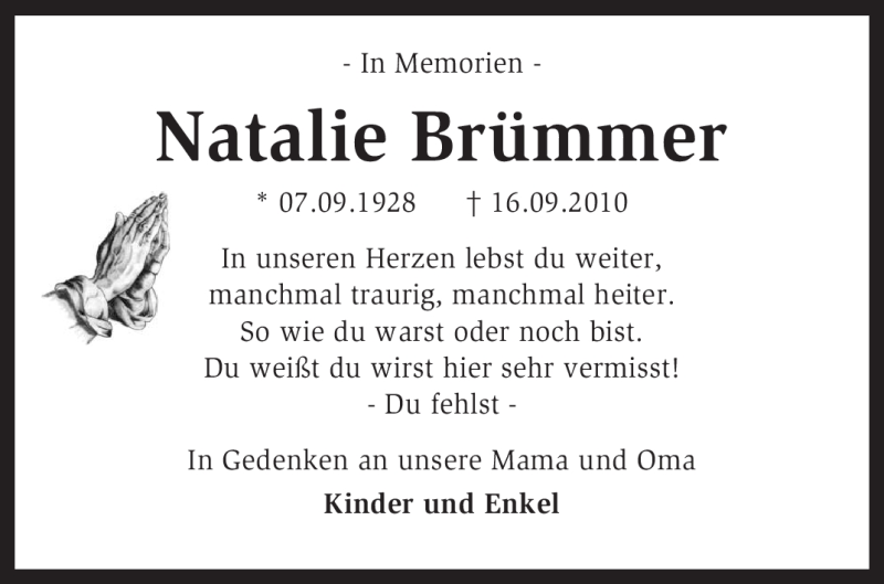  Traueranzeige für Natalie Brümmer vom 16.09.2011 aus KREISZEITUNG SYKE