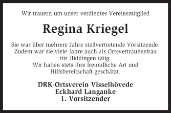 Traueranzeige von Regina Kriegel von KREISZEITUNG SYKE