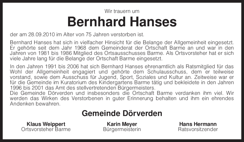  Traueranzeige für Bernhard Hanses vom 05.10.2010 aus KREISZEITUNG SYKE