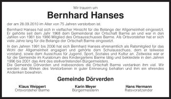 Traueranzeige von Bernhard Hanses von KREISZEITUNG SYKE