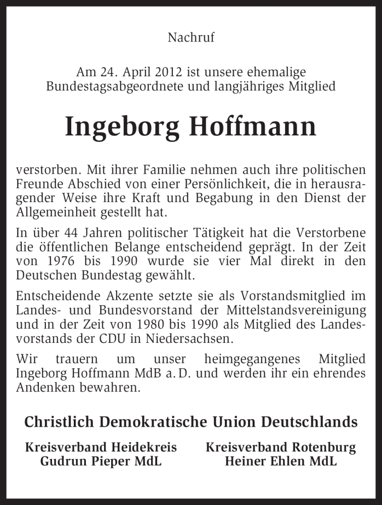  Traueranzeige für Ingeborg Hoffmann vom 27.04.2012 aus KREISZEITUNG SYKE