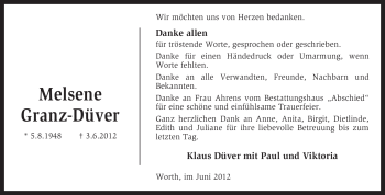 Traueranzeige von Melsene Granz-Düver von KREISZEITUNG SYKE