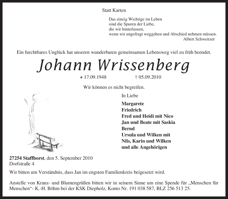  Traueranzeige für Johann Wrissenberg vom 07.09.2010 aus KREISZEITUNG SYKE