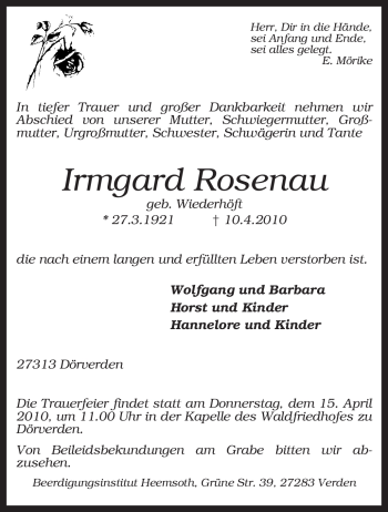 Traueranzeige von Irmgard Rosenau von KREISZEITUNG SYKE