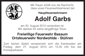 Traueranzeige von Adolf Garbs von KREISZEITUNG SYKE