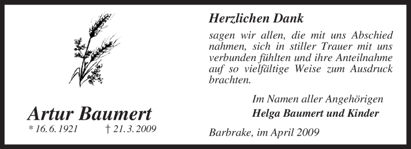  Traueranzeige für Artur Baumert vom 27.04.2009 aus KREISZEITUNG SYKE