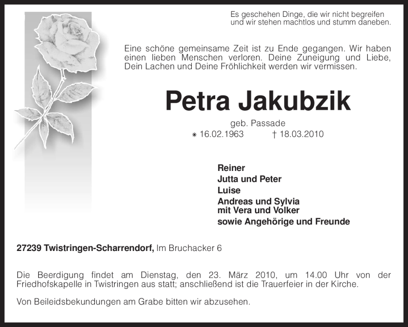  Traueranzeige für Petra Jakubzik vom 20.03.2010 aus KREISZEITUNG SYKE