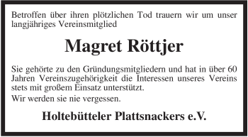 Traueranzeige von Magret Röttjer von KREISZEITUNG SYKE