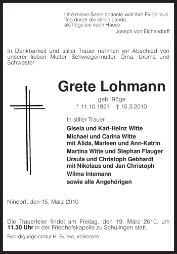 Traueranzeige von Grete Lohmann von KREISZEITUNG SYKE