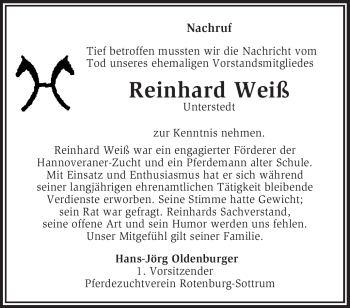 Traueranzeige von Reinhard Weiß von KREISZEITUNG SYKE