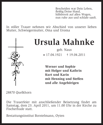 Traueranzeige von Ursula Mahnke von KREISZEITUNG SYKE