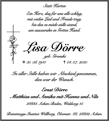 Traueranzeige von Lisa Dörre von KREISZEITUNG SYKE