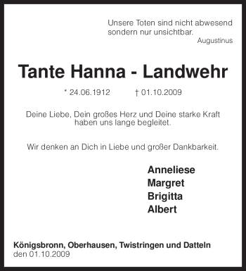 Traueranzeige von Johanna Landwehr von KREISZEITUNG SYKE