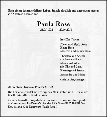 Traueranzeige von Paula Rose von KREISZEITUNG SYKE