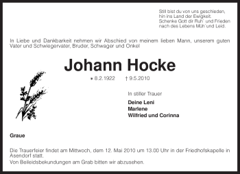 Traueranzeige von Johann Hocke von KREISZEITUNG SYKE