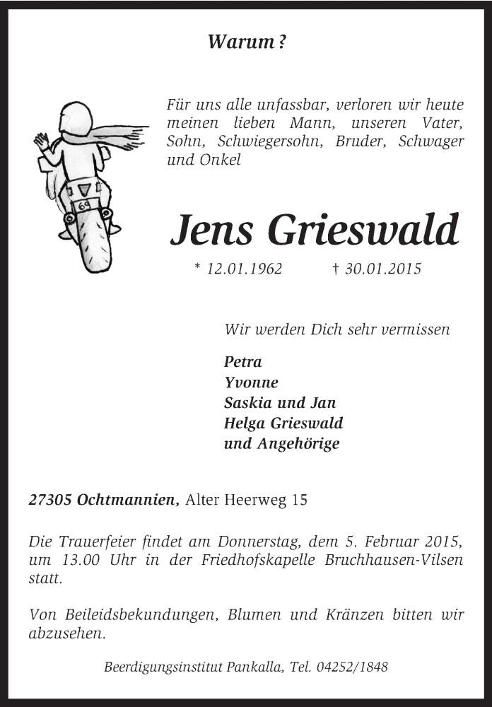  Traueranzeige für Jens Grieswald vom 02.02.2015 aus KRZ