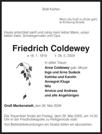 Traueranzeige von Friedrich Coldewey von KREISZEITUNG SYKE