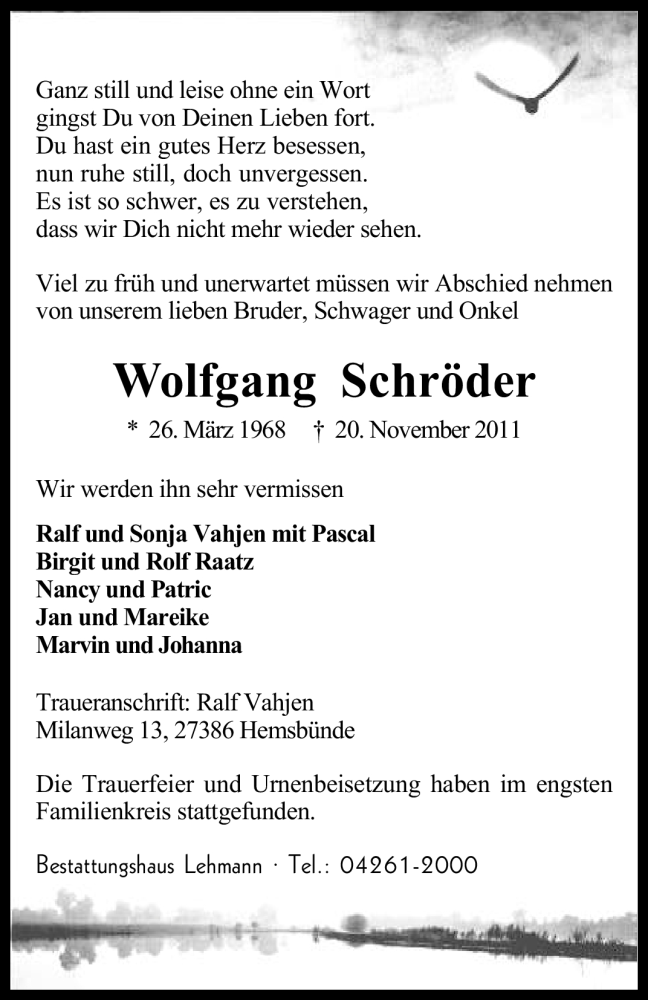  Traueranzeige für Wolfgang Schröder vom 30.11.2011 aus KREISZEITUNG SYKE