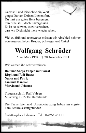 Traueranzeige von Wolfgang Schröder von KREISZEITUNG SYKE