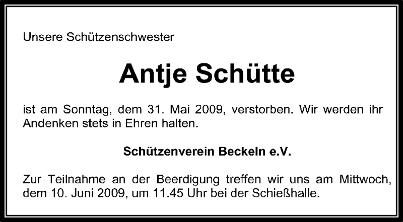  Traueranzeige für Antje Schütte vom 02.06.2009 aus KREISZEITUNG SYKE