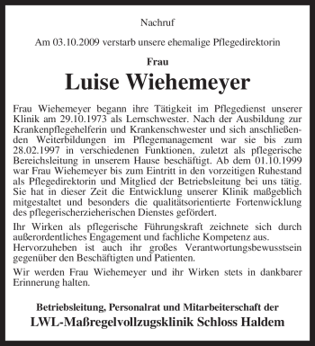 Traueranzeige von Luise Wiehemeyer von KREISZEITUNG SYKE