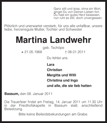 Traueranzeige von Martina Landwehr von KREISZEITUNG SYKE