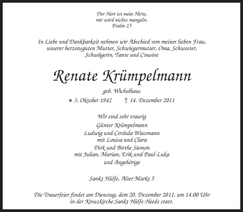 Traueranzeige von Renate Krümpelmann von KREISZEITUNG SYKE