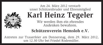 Traueranzeige von Karl Heinz Tegeler von KREISZEITUNG SYKE