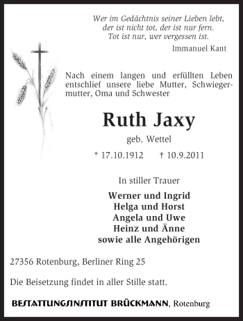 Traueranzeige von Ruth Jaxy von KREISZEITUNG SYKE