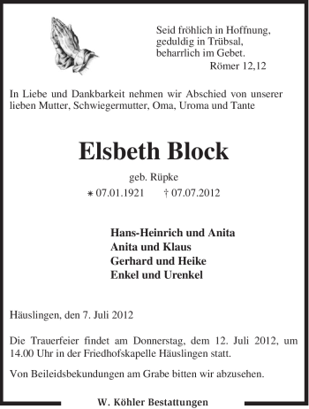 Traueranzeige von Elsbeth Block von KREISZEITUNG SYKE