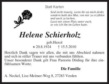 Traueranzeige von Helene Schierholz von KREISZEITUNG SYKE