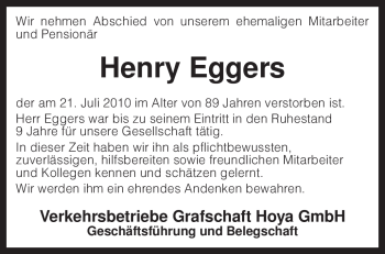 Traueranzeige von Henry Eggers von KREISZEITUNG SYKE