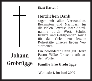 Traueranzeige von Johann Grobrügge von KREISZEITUNG SYKE