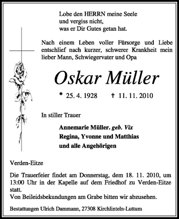 Traueranzeige von Oskar Müller von KREISZEITUNG SYKE