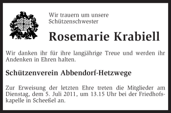 Traueranzeige von Rosemarie Krabiell von KREISZEITUNG SYKE