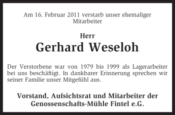 Traueranzeige von Gerhard Weseloh von KREISZEITUNG SYKE