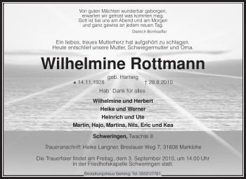 Traueranzeige von Wilhelmine Rottmann von KREISZEITUNG SYKE